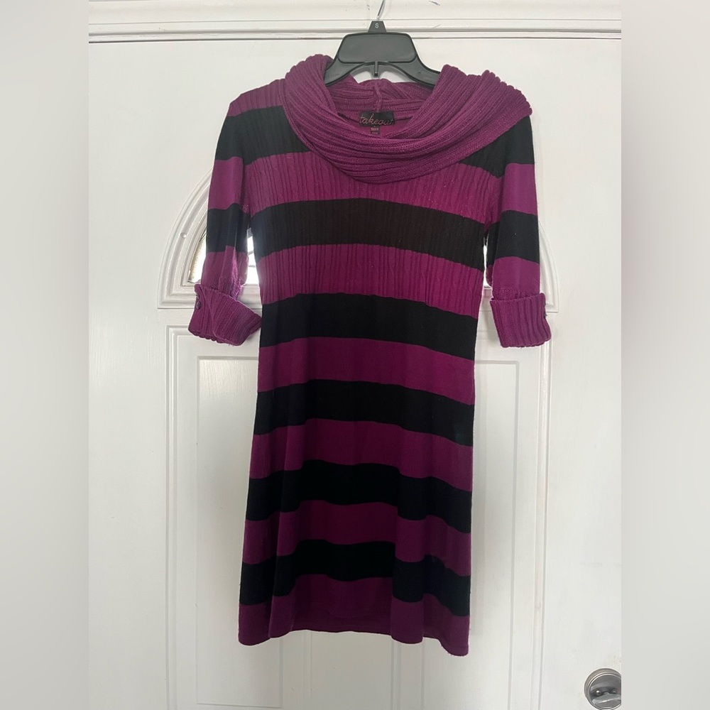 Takeout Purple and Black Ribbed Cowl Neck Sweater Dress